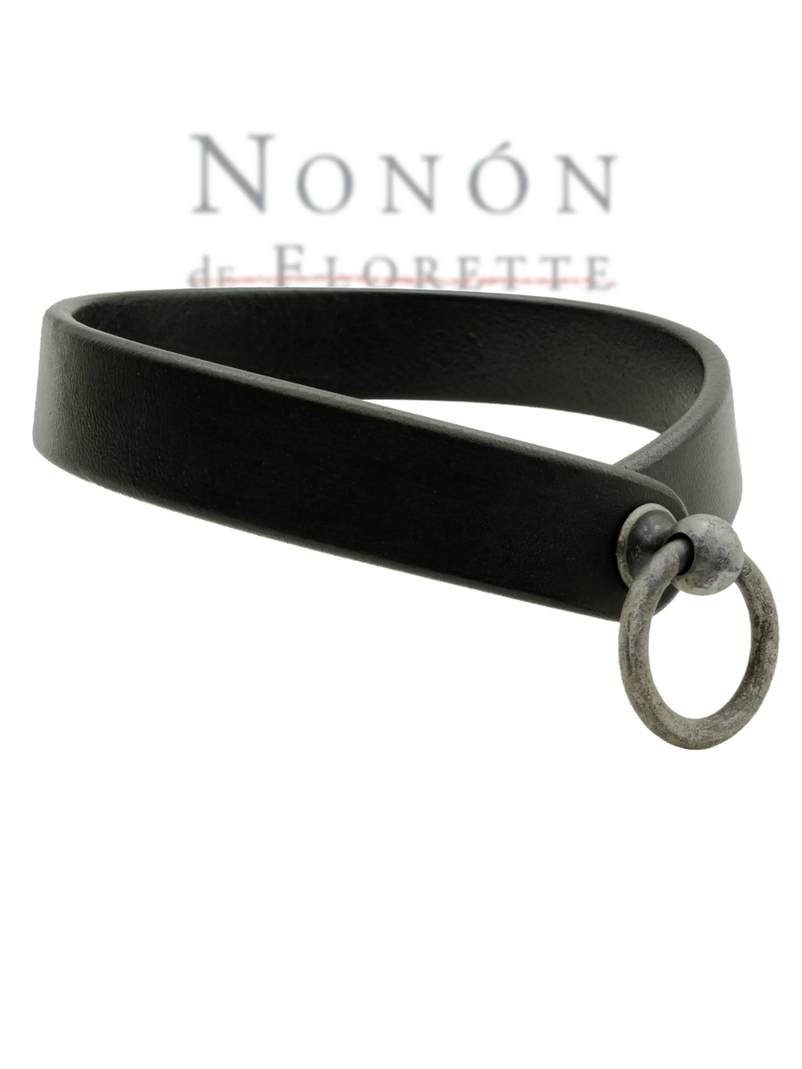 custom made black leather choker made from very sturdy full-grain leather with a solid, patinated metal ring, shown against a white background